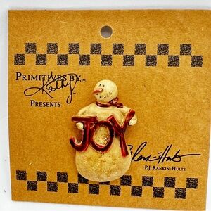 Christmas Joy Snowman brooch pin Folk Art